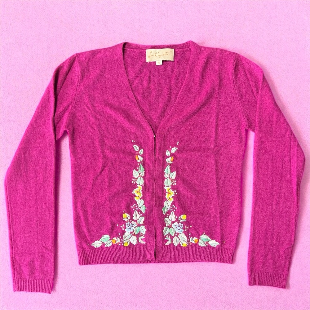 La Coquette Y2K Designer Magenta Floral Embroidered Cardigan